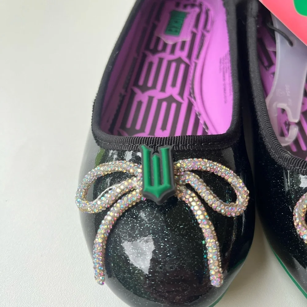 NEW Wicked Black + Purple Ballet Flats Girls Size 3 with faux diamond bow +logo